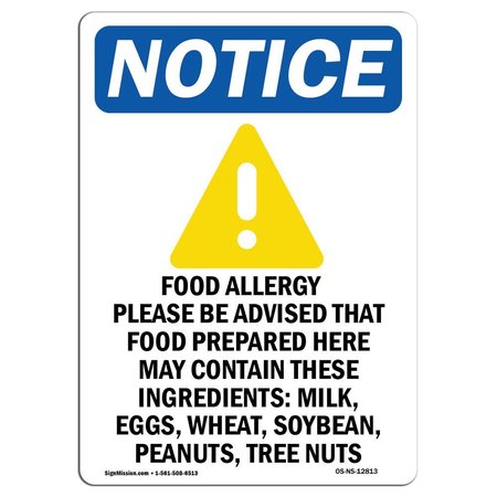 SIGNMISSION Safety Sign, OSHA Notice, 18" Height, Aluminum, Food Allergy Notice Sign With Symbol, Portrait OS-NS-A-1218-V-12813